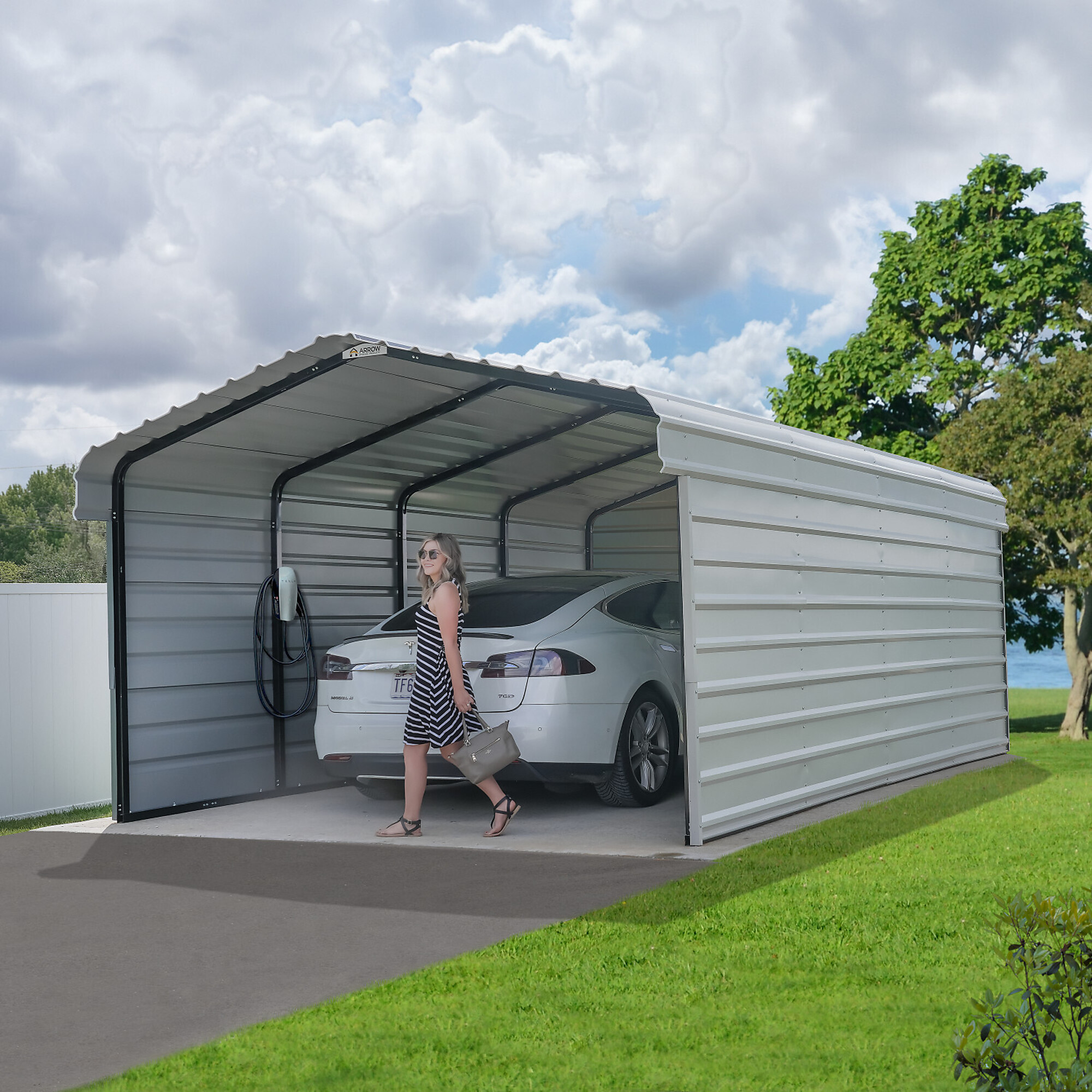 Arrow, Arrow 12x20x7 3 Sided Carport, Width 146 in, Height 102 in, Cover Material Steel, Model# CPH122007ECL3